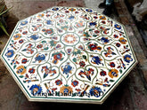 White Marble Coffee Table Top With Lapis Lazuli & Carnelian Marquetry Inlay Semi precious Floral Arts Mid Century Furniture Unique Handicrafts IND